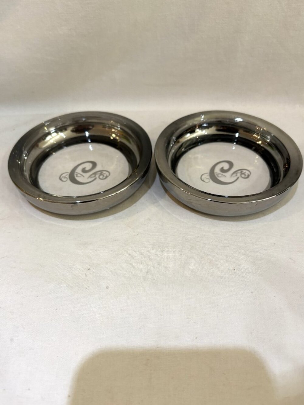Pair VTG MCM Queens Lusterware Silver Rim Glass Coaters Monogram Letter C